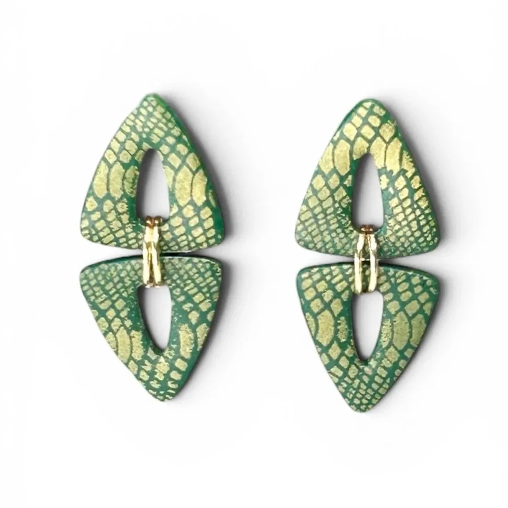 Polymer Clay Lg Dangle Earrings Green Gold Snake Animal Print Handmade SS Posts